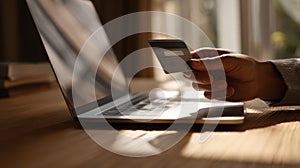 The hand holding a credit card above a laptop computer on a desk..AI generated image