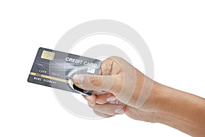 Hand holding credit card isolated on white background - clipping paths
