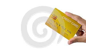 Hand holding credit card isolated on white background. Shopping concept. Cashless spending concept