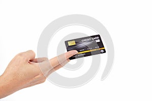 Hand holding credit card isolated on white , business shopping online payment concept