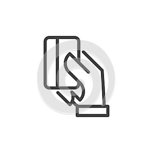 Hand holding credit card outline icon. Modern payment systems concept. Purchase with plastic debit card