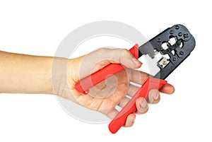 Hand holding crimping cutting tool