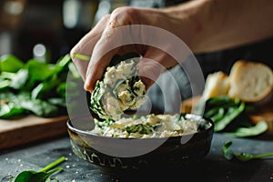 Hand holding crispy tortilla chips dipped into hot cheesy stretchy artichoke and spinach dip. Generative AI