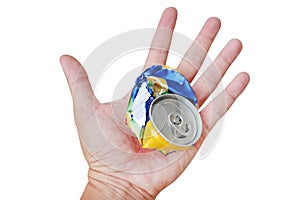 Hand holding a crumpled garbage can isolated on white background