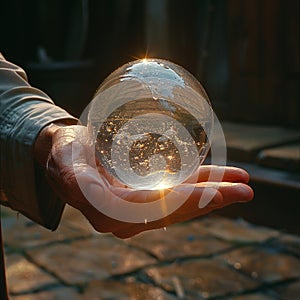 Hand holding a crystal ball evoking mystery