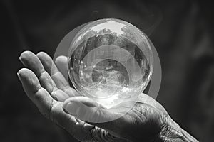 Hand holding a crystal ball evoking mystery