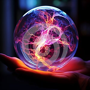 A hand holding a crystal ball with a glowing light inside