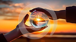Hand holding a crystal ball with a sunset in the background, Generative AI illustrations
