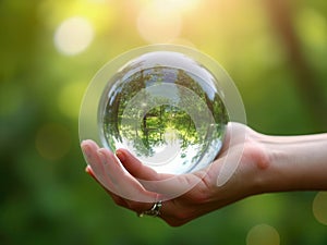 Hand holding crystal earth globe. Earth Day. Environment day, save clean planet, ecology concept.