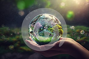 Hand holding crystal earth globe. Generative AI
