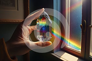Hand holding crystal stone near window, the sun rays casting rainbows of color onto the walls. Magic, esoterics