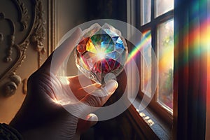 Hand holding crystal stone near window, the sun rays casting rainbows of color onto the walls. Magic, esoterics