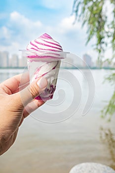 a hand holding a cup of blueberry flavor ice cream on a river side at vertical composition