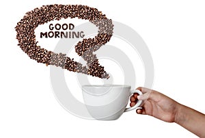 Hand Holding Cup and Coffee Bean Speech Bubble