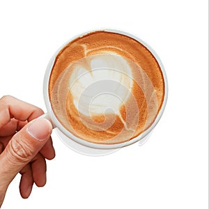 Hand holding Cup of coffee latte shape of heart pattern isolated on white background