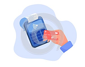 Hand holding debit or credit card for payment, paying on contactless terminal. Digital transaction and wireless transfer concept.