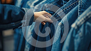 The hand holding denim jacket.AI generated image