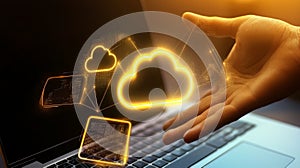 Hand holding digital cloud data over laptop