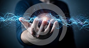 Hand holding digital data network connection technology innovation future concept ai iot