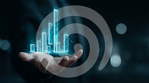 Hand holding digital graph chart business growth and success data analysis visualization concept