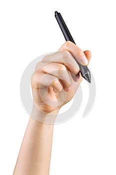 Hand holding digital graphic pen and drawing something isolated on white