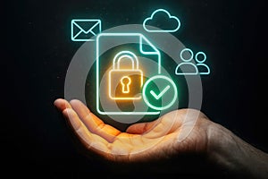 Hand holding digital icon of secure document with lock and checkmark security data