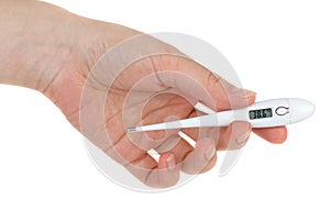 Hand holding digital medical thermometer