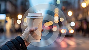 Hand holding disposable coffee cup, city street rush backdrop. Urban lifestyle