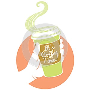 Hand holding dispossable coffee cup. Cardboard cover with text