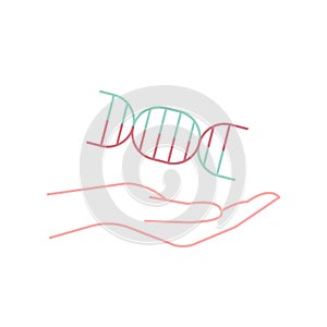 Hand holding DNA helix. Genetic scientific heredity and genotype research.