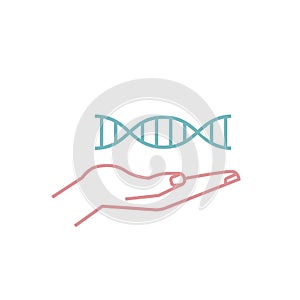 Hand holding DNA helix. Genetic scientific heredity and genotype research.