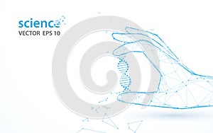 Hand holding DNA structure form lines, triangles and particle style design