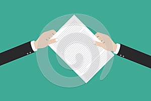 Hand holding the document. Vector flat illustration