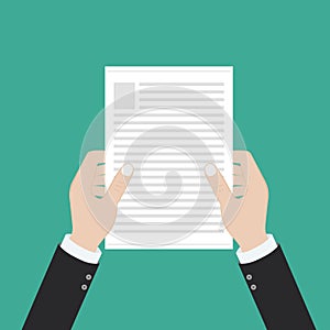 Hand holding the document. Vector flat illustration