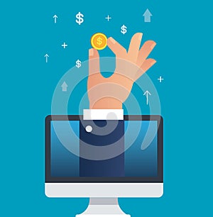 Hand holding dollar coin through computer vector illustration, business concept