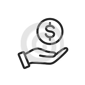 Hand holding dollar line vector icon isolated on white