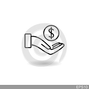 Hand holding dollar ,save money icon, salary money, invest finance, line symbols on white background.