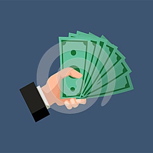 A hand holding dollars money on a dark blue background. Finance concept. Vector illustration.