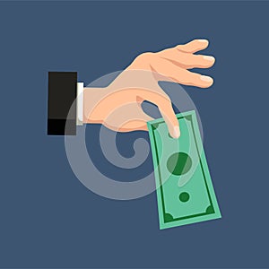 A hand holding dollars money on a dark blue background. Finance concept. Vector illustration.