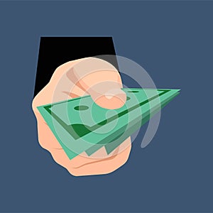 A hand holding dollars money on a dark blue background. Finance concept. Vector illustration.