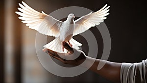 Hand holding dove, symbol of peace and spirituality, flying freely generated by AI