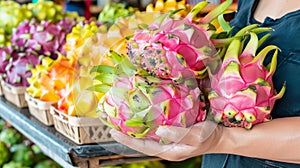 Hand holding dragon fruit with selection on blurred background, copy space for text