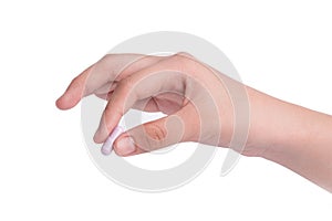 Hand holding Drug capsule on white