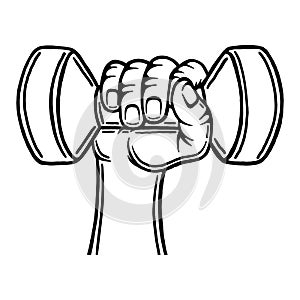 Hand holding a dumbbell. Outline silhouette. Design element. Vector illustration isolated on white background. Template for books