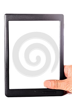 hand holding an e-book with a blank screen for placing text