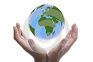 Hand holding the earth. Globe ,earth in human hand, holding our planet glowing, World Earth Day Concept. Green Energy,
