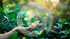 Hand holding the Earth in the green forest AIG535