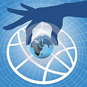 Hand holding Earth over globe symbol background