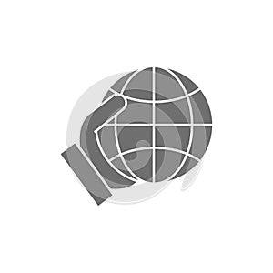 Hand holding the earth, save the environment grey fill icon. Global technology, internet, social network symbol design.