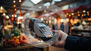 Hand holding EDC machine in the supermarket